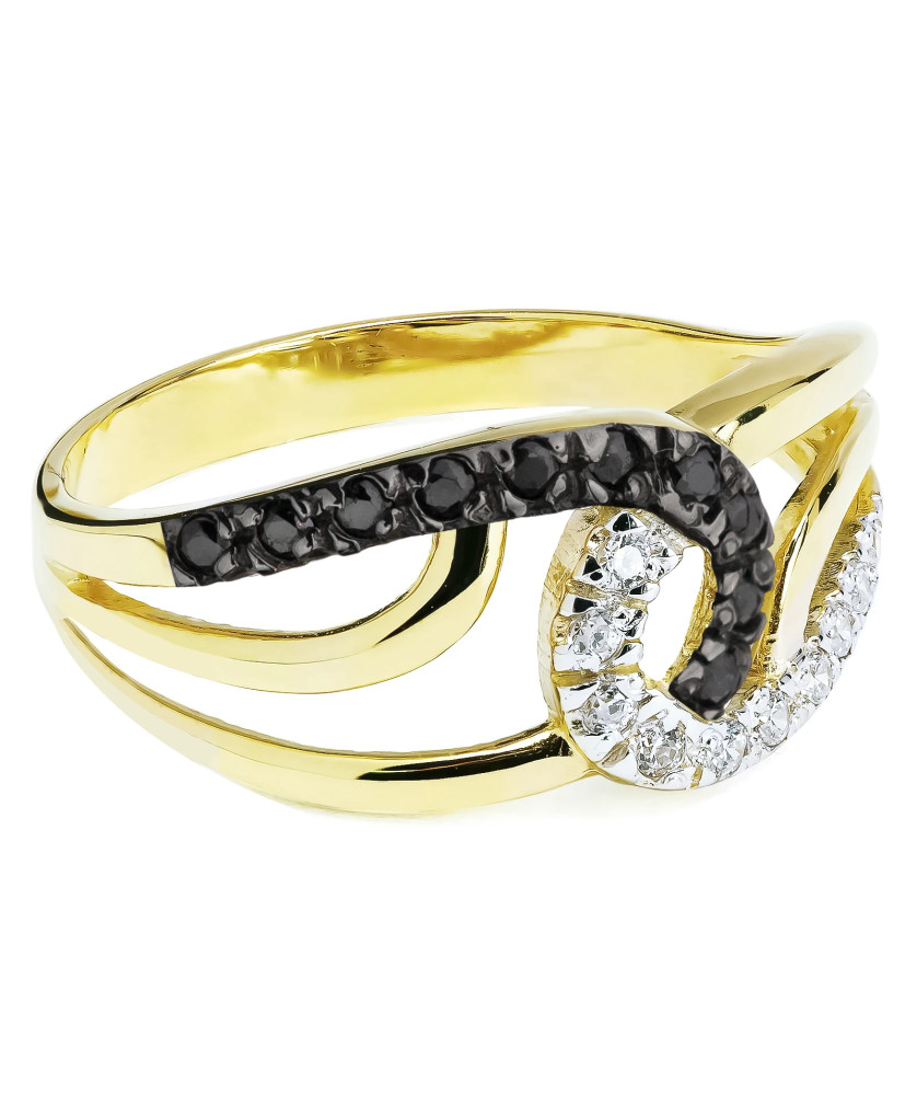 Gold ring interwoven black and white zircons