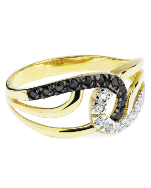 Gold ring interwoven black and white zircons