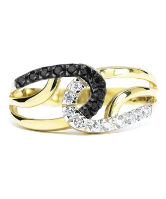 Gold ring interwoven black and white zircons