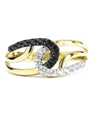 Gold ring interwoven black and white zircons