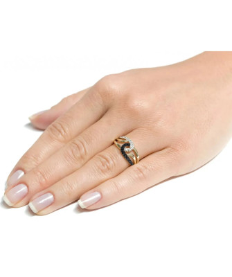 Gold ring interwoven black and white zircons
