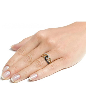 Gold ring interwoven black and white zircons