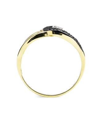 Gold ring interwoven black and white zircons
