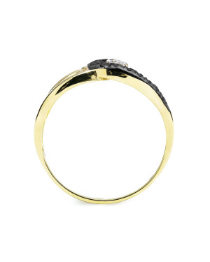 Gold ring interwoven black and white zircons