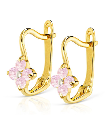 Earrings for a girl pink flower 14k gold