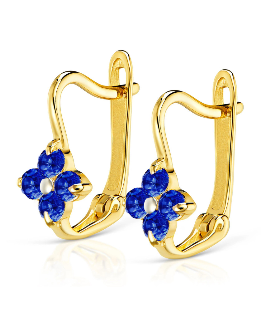 Gold earrings for a girl blue flower pr.14k