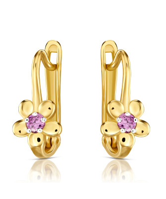 Earrings for a girl gold with a purple stone 14k