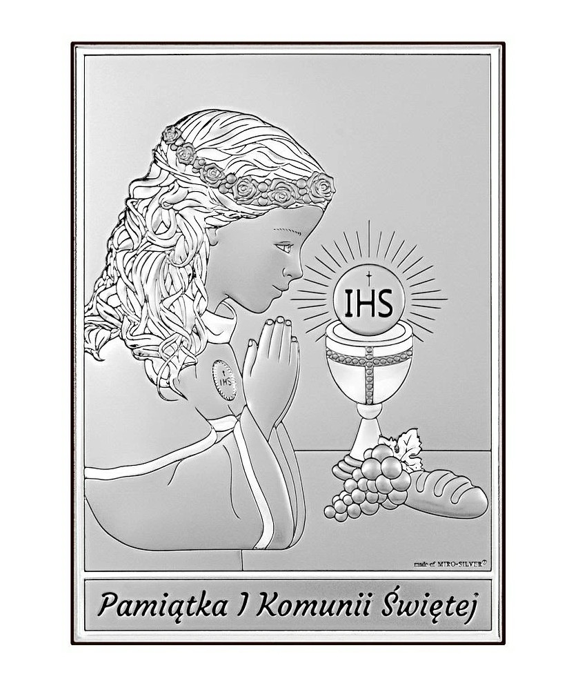 Pamiątka komunijna dla dziewczynki obrazek srebrny
