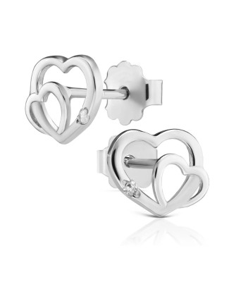 Silver Double Heart Stud Earrings with Zirconia