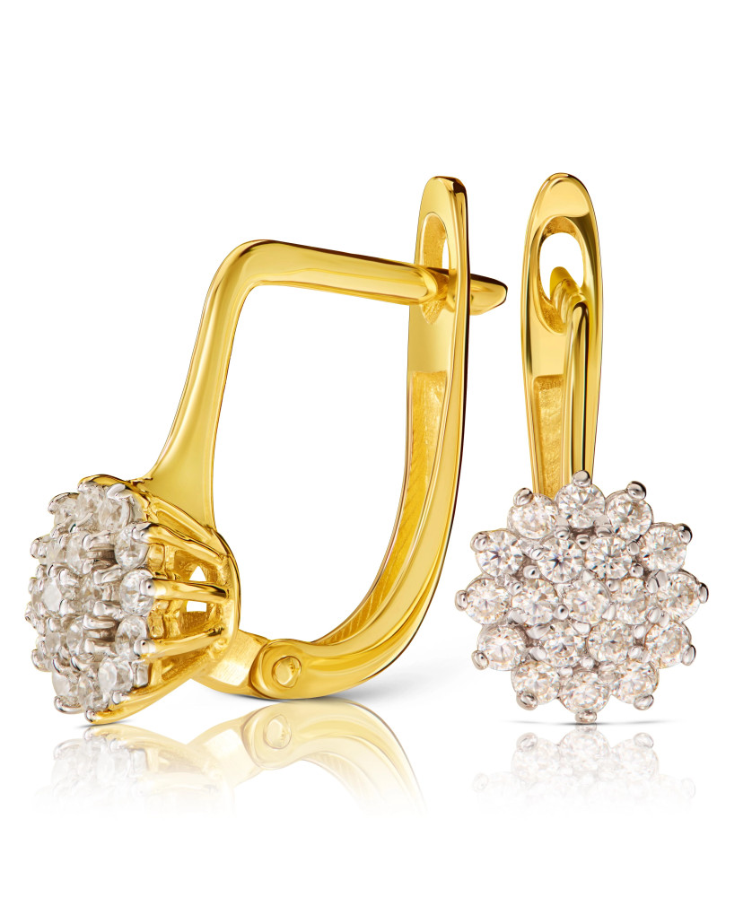 Gold flower earrings white stones 14k