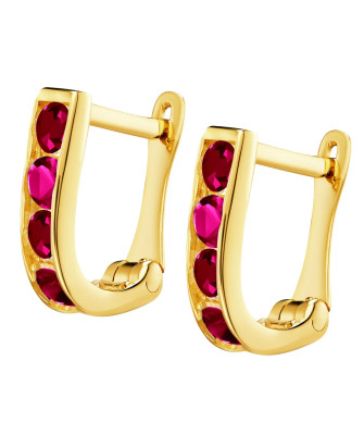 Gold rectangular earrings ruby zirconia 14k