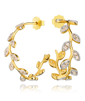 8k Gold Leaf Earrings with White Cubic Zirconia