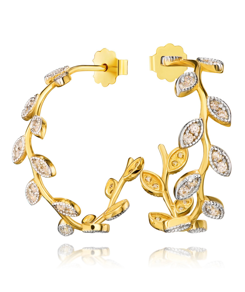 8k Gold Leaf Earrings with White Cubic Zirconia