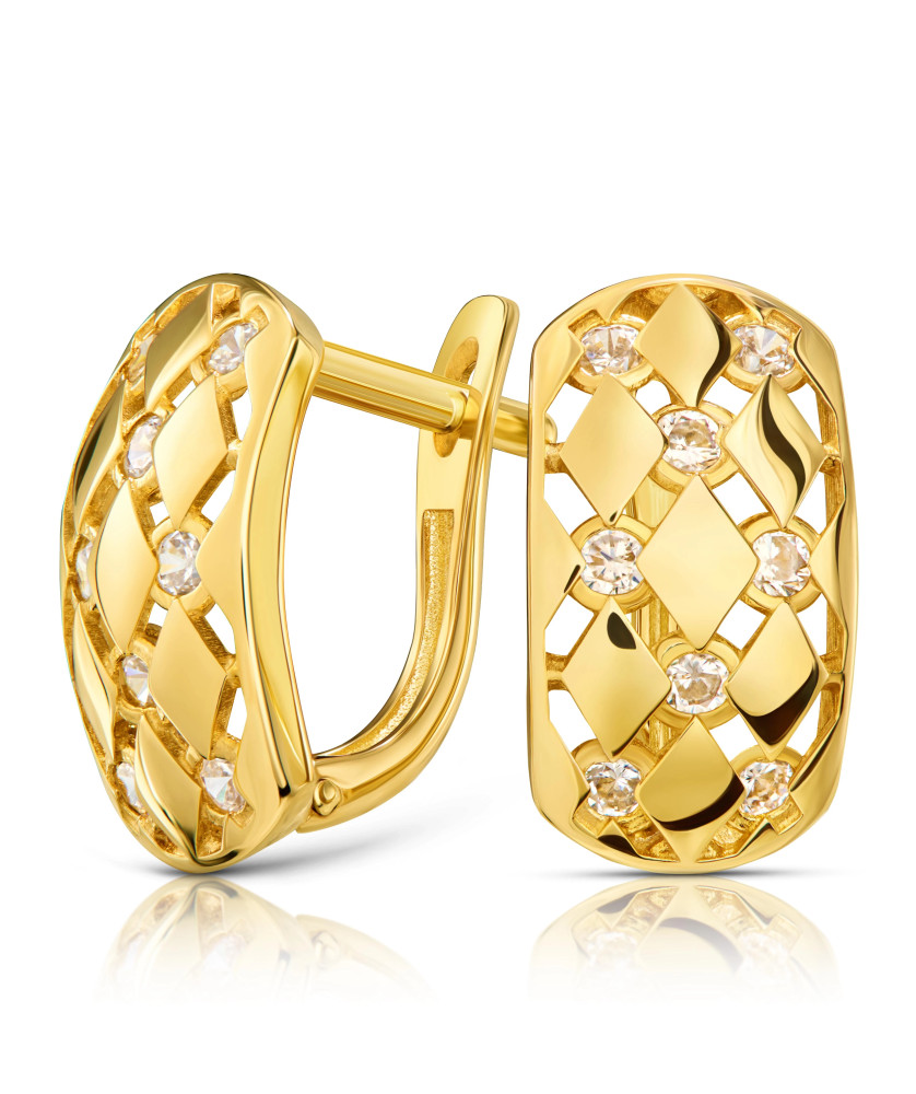 Gold earrings rhombuses white cubic zirconia