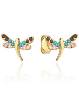 Gold dragonfly earrings set with colorful cubic zirconia