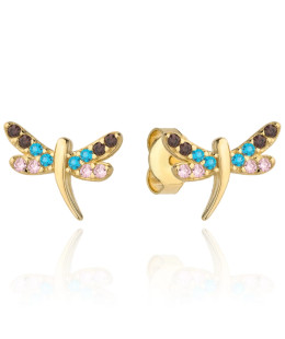Gold dragonfly earrings set with colorful cubic zirconia