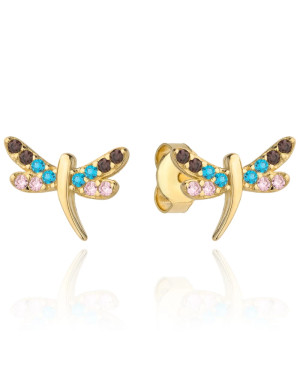 Gold dragonfly earrings set with colorful cubic zirconia
