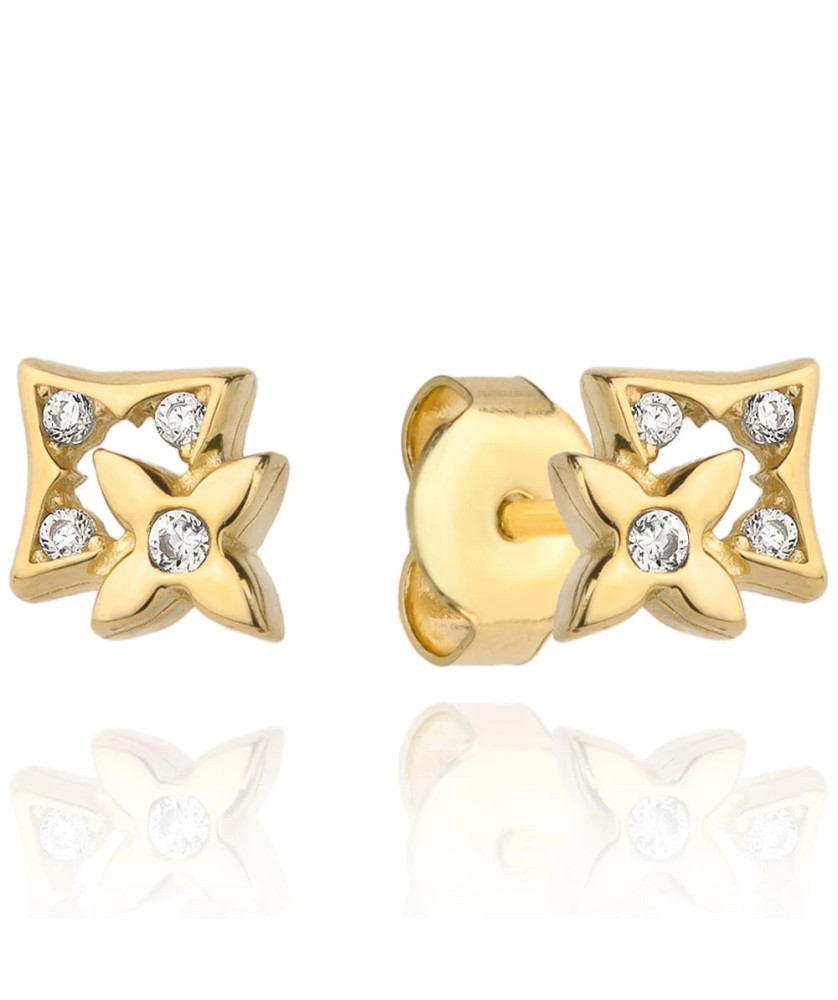Earrings golden flower in a square with zircons