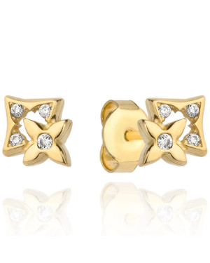 Earrings golden flower in a square with zircons