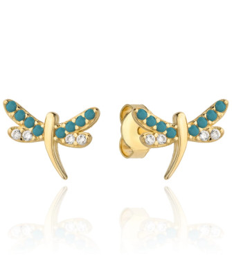 14K Gold Dragonfly Stud Earrings with Turquoise Stones and Cubic Zi...