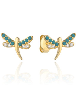 14K Gold Dragonfly Stud Earrings with Turquoise Stones and Cubic Zi...