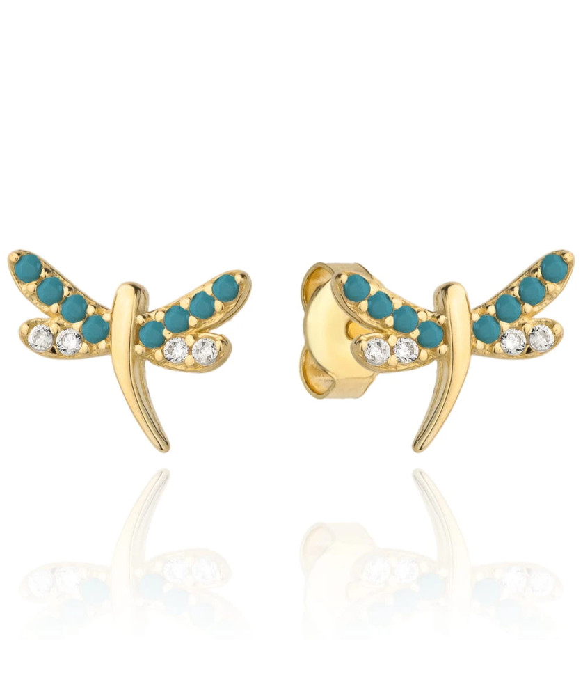 14K Gold Dragonfly Stud Earrings with Turquoise Stones and Cubic Zi...