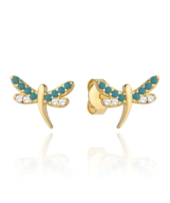 14K Gold Dragonfly Stud Earrings with Turquoise Stones and Cubic Zi...