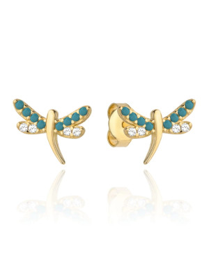 14K Gold Dragonfly Stud Earrings with Turquoise Stones and Cubic Zi...