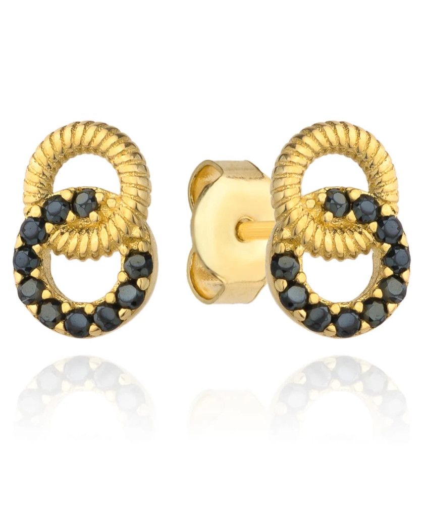 Kolczyki złączone dwa kółka, jedno wysadzane czarnymi cyrkoniami