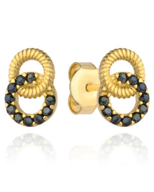 Earrings with two connected circles, one set with black zircons