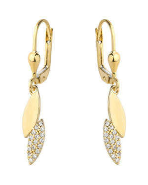 Earrings two golden teardrops smooth and studded with zirconia