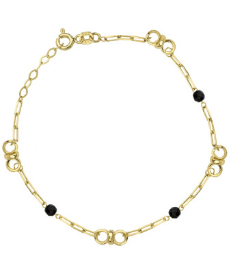 Gold link bracelet, circles and black stones