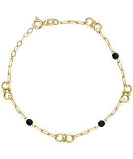 Gold link bracelet, circles and black stones