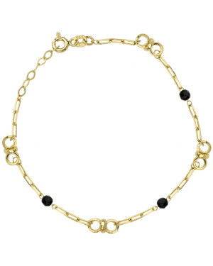 Gold link bracelet, circles and black stones