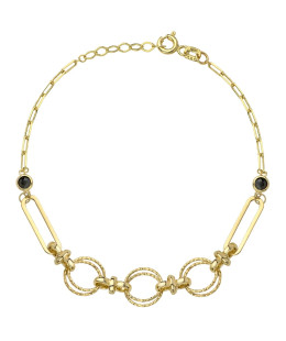 Gold bracelet with diamond-cut rings, ovals, and black stone
