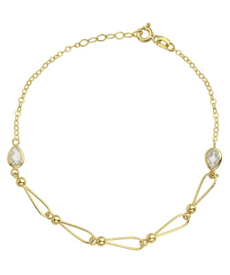 Bracelet gold linked beads and teardrop with white stone
