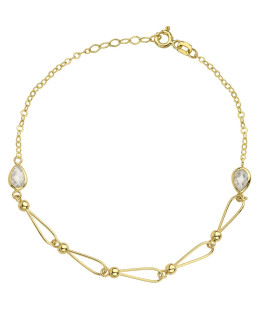 Bracelet gold linked beads and teardrop with white stone
