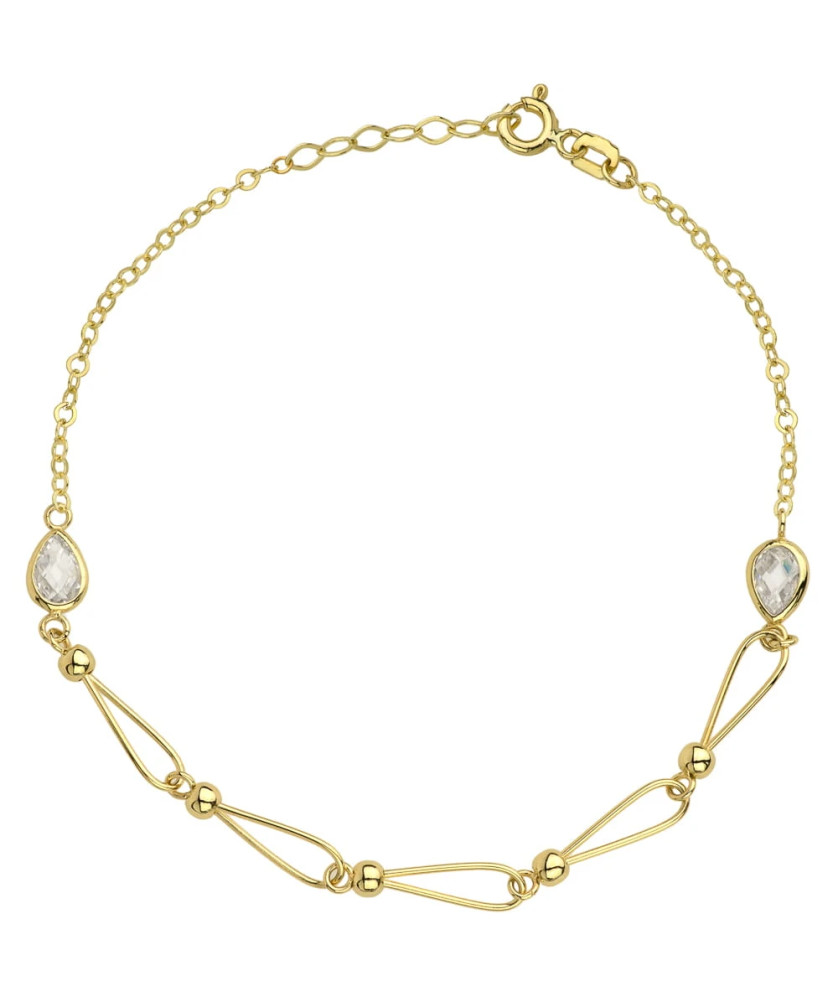 Bracelet gold linked beads and teardrop with white stone