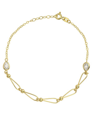 Bracelet gold linked beads and teardrop with white stone