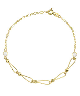 Gold bracelet with connected beads and a round white stone