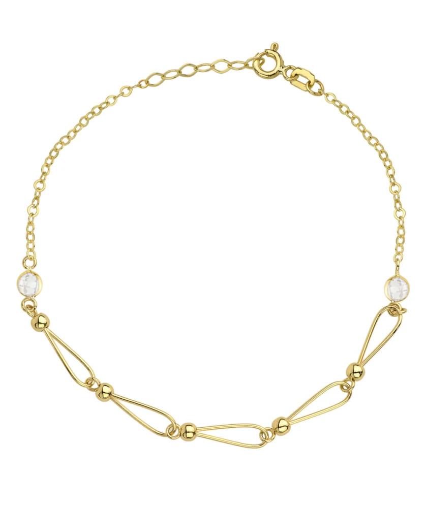 Gold bracelet with connected beads and a round white stone