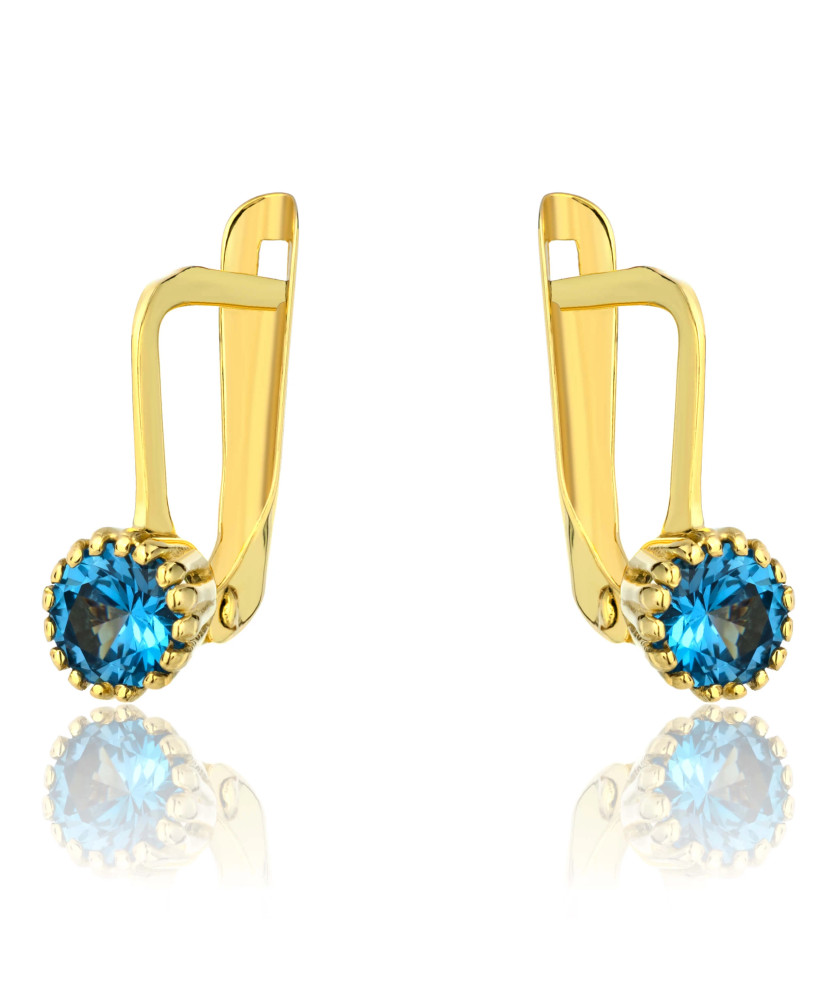 Gold earrings adorned with a classic pattern blue stone