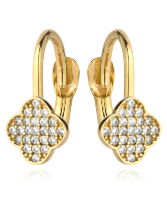 Gold clover earrings set with cubic zirconia on English clasp