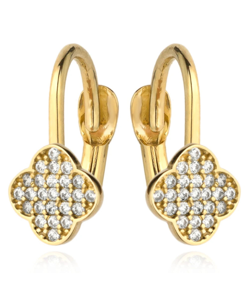 Gold clover earrings set with cubic zirconia on English clasp