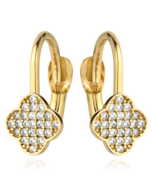 Gold clover earrings set with cubic zirconia on English clasp