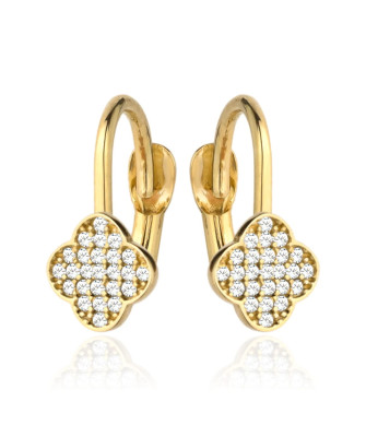 Gold clover earrings set with cubic zirconia on English clasp