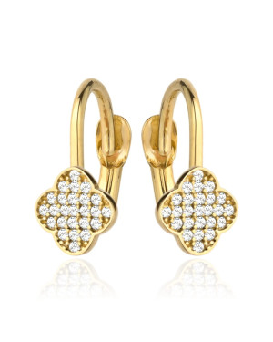 Gold clover earrings set with cubic zirconia on English clasp