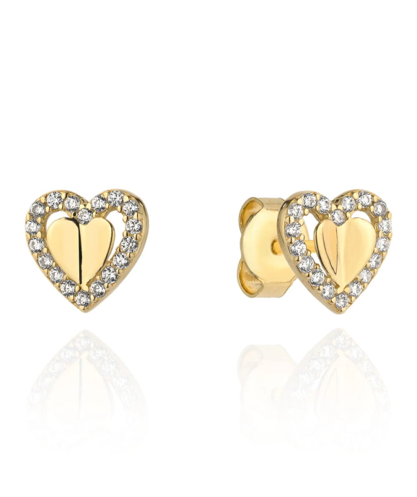 Gold earrings with a raised heart surrounded by a zirconia heart