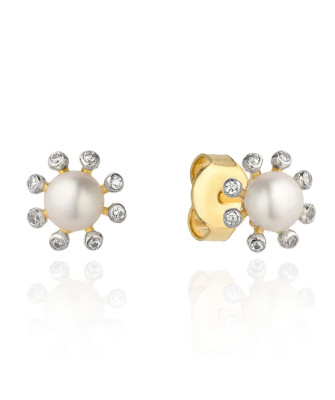 Gold earrings with pearl and zircon flower