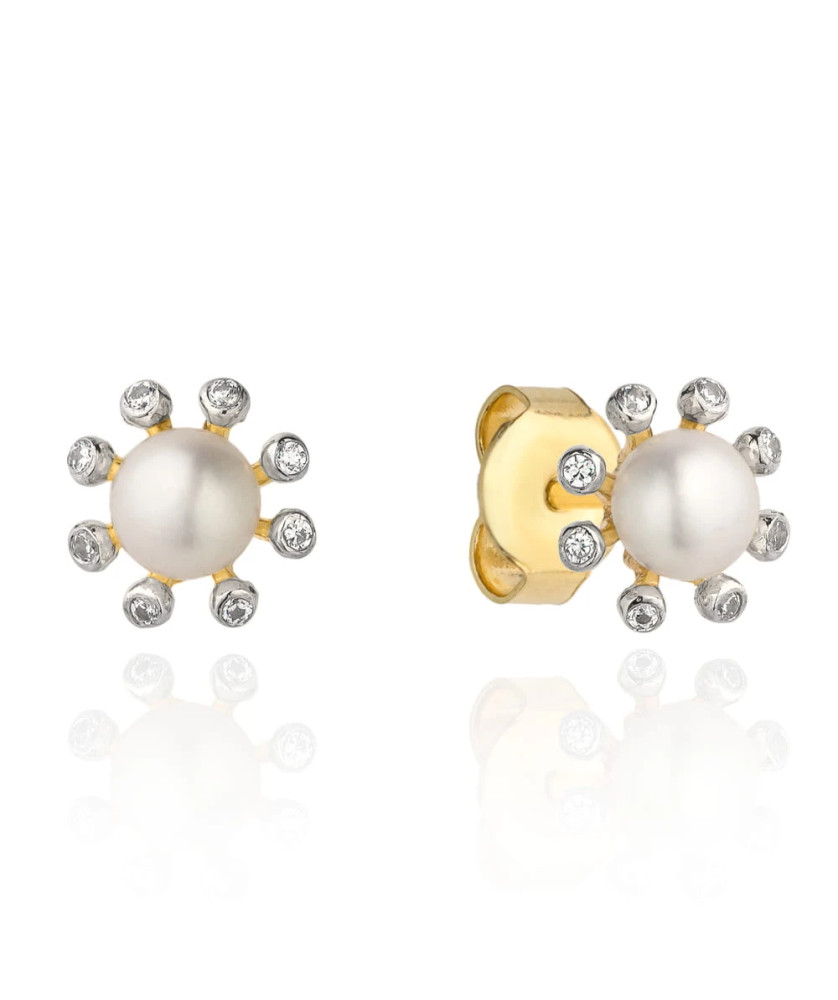 Gold earrings with pearl and zircon flower